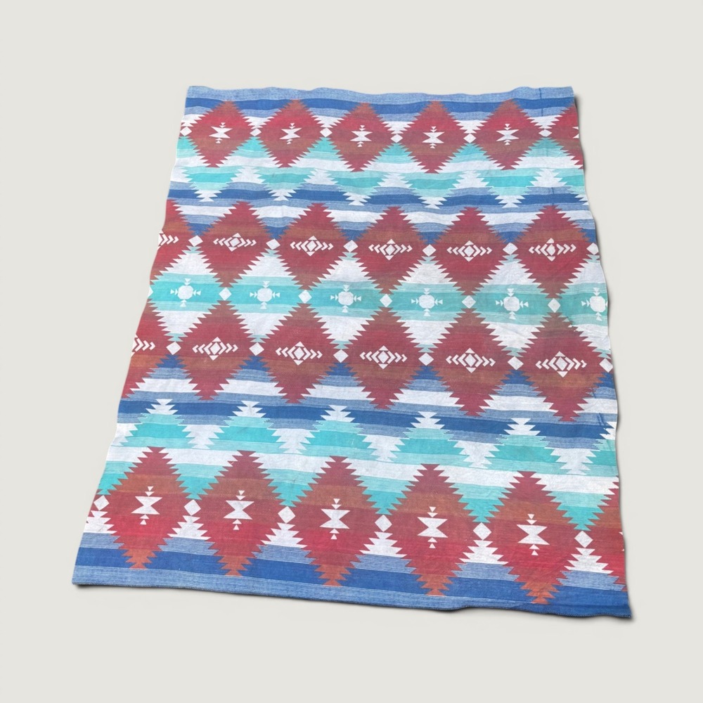 Vintage Aztec Southwestern Fleece Blanket WPL 1675 Blue Red Turquoise 69x87 USA